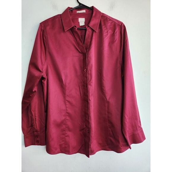 Chico's Women Maroon Red "No Iron" 100% Cotton Button Up Blouse size 2 or 12/14, - Picture 2 of 7